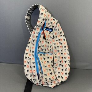 KAVU Rope Bag Sling Crossbody Backpack‎ Fox Print Tan Blue Zips Cotton One Size